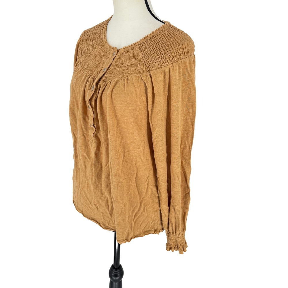 Sundance Smocked Long Sleeve Top Blouse Tan Size Large Linen - Picture 2 of 8